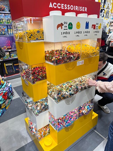 Les pièces (coiffes, têtes, jambes, accessoires) pour la Minifig Factory. Les torses et pièces pour la BAM classique sont de l'autre côté du magasin.